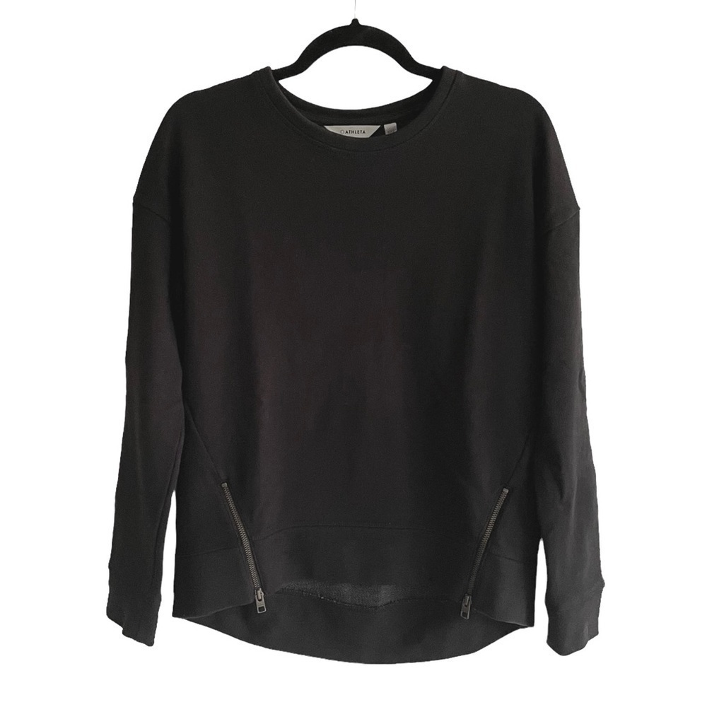 ATHLETA Cityscape Cotton Crew Neck Sweatshirt Zippers High Low Hem Black XXS